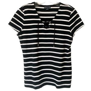 BOGO SALE American Living Lace Up Cotton Black and White Striped T Shirt
